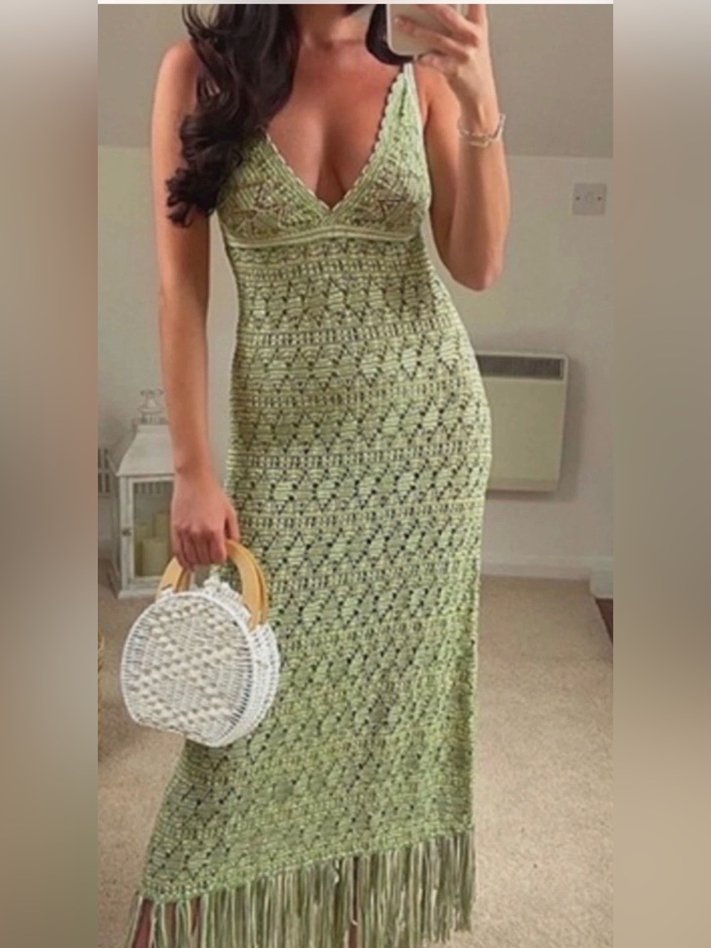 Zara Boho Crochet Maxi Dress with Fringe Hem Resortwear